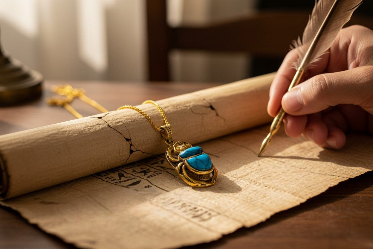 Gold Egyptian Scarab Pendant Necklace, Turquoise Talisman Jewelry