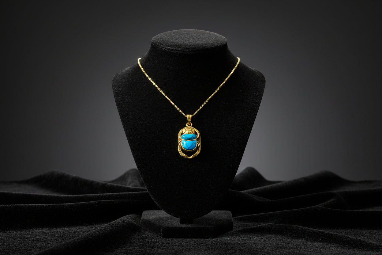 Gold Egyptian Scarab Pendant Necklace, Turquoise Talisman Jewelry