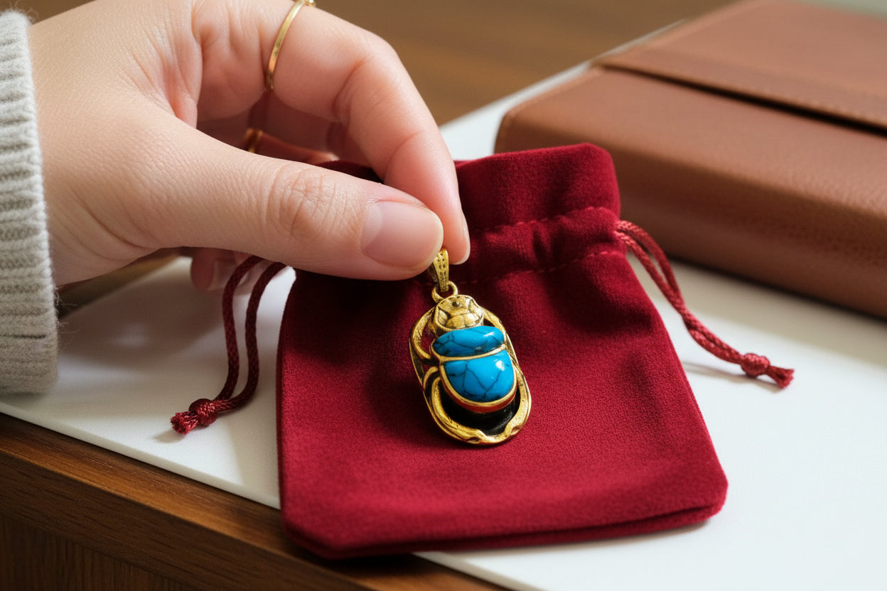 Gold Egyptian Scarab Pendant Necklace, Turquoise Talisman Jewelry