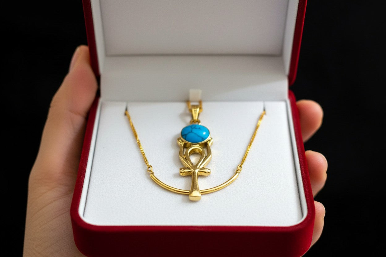 Gold Ankh Necklace, Ka Sun Disk Pendant, Ancient Egyptian Jewelry, Turquoise Talisman, Spiritual Gift For Her Him