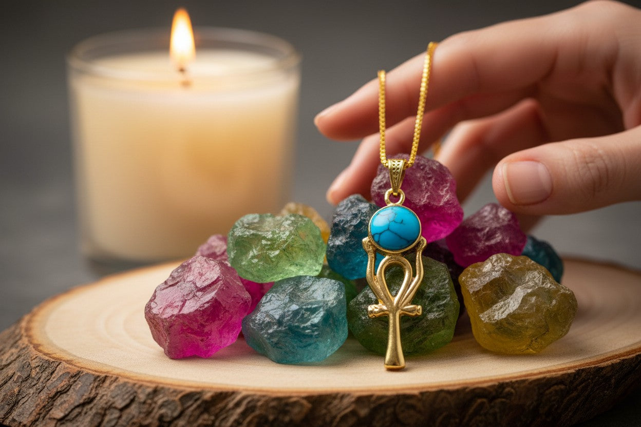 Gold Ankh Necklace, Ka Sun Disk Pendant, Ancient Egyptian Jewelry, Turquoise Talisman, Spiritual Gift For Her Him
