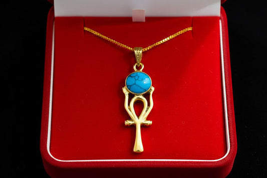 Gold Ankh Necklace, Ka Sun Disk Pendant, Ancient Egyptian Jewelry, Turquoise Talisman, Spiritual Gift For Her Him