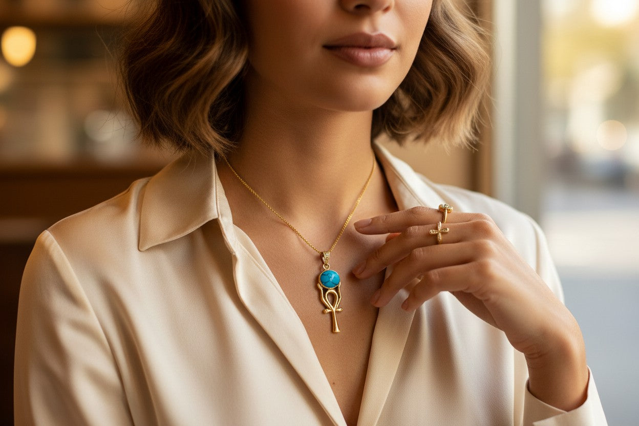 Gold Ankh Necklace, Ka Sun Disk Pendant, Ancient Egyptian Jewelry, Turquoise Talisman, Spiritual Gift For Her Him