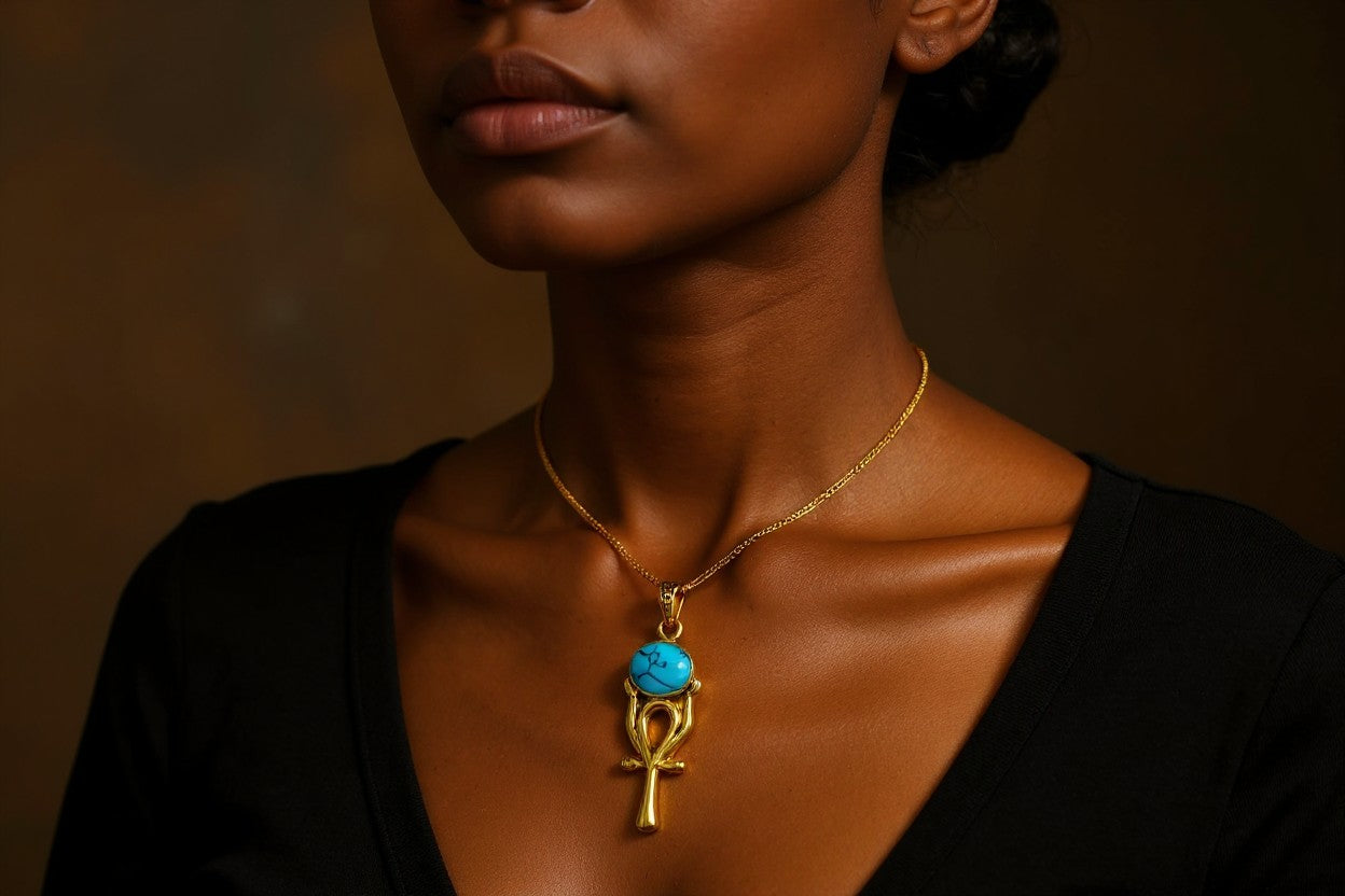 Gold Ankh Necklace, Ka Sun Disk Pendant, Ancient Egyptian Jewelry, Turquoise Talisman, Spiritual Gift For Her Him