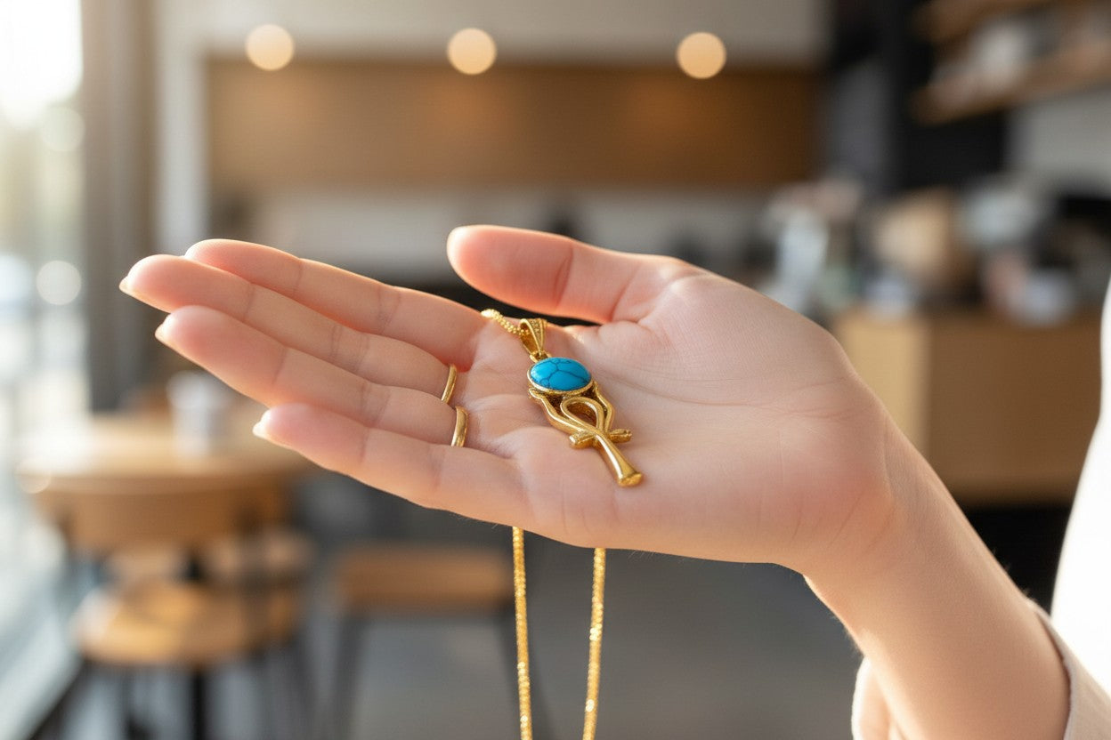 Gold Ankh Necklace, Ka Sun Disk Pendant, Ancient Egyptian Jewelry, Turquoise Talisman, Spiritual Gift For Her Him