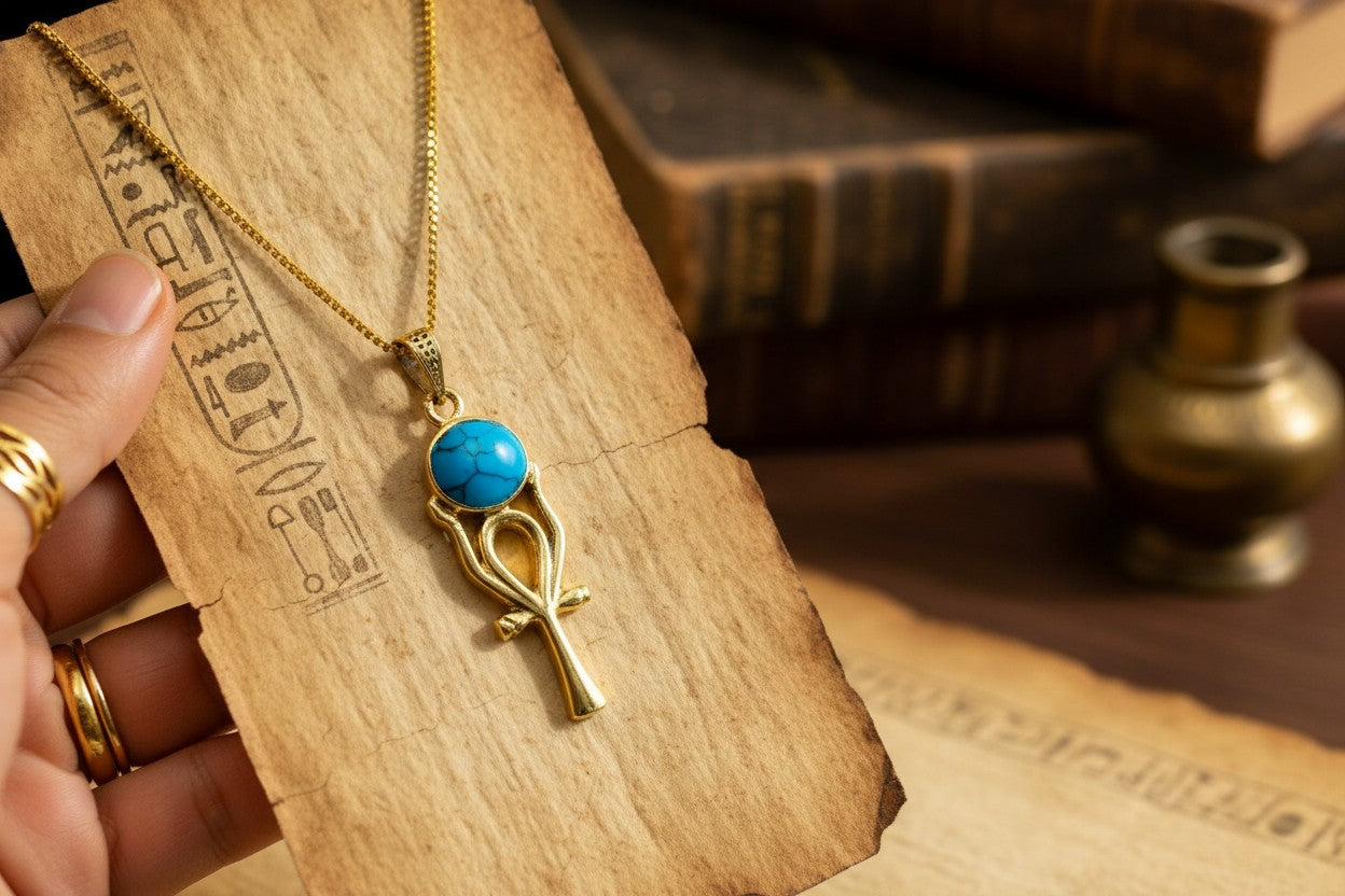 Gold Ankh Necklace, Ka Sun Disk Pendant, Ancient Egyptian Jewelry, Turquoise Talisman, Spiritual Gift For Her Him