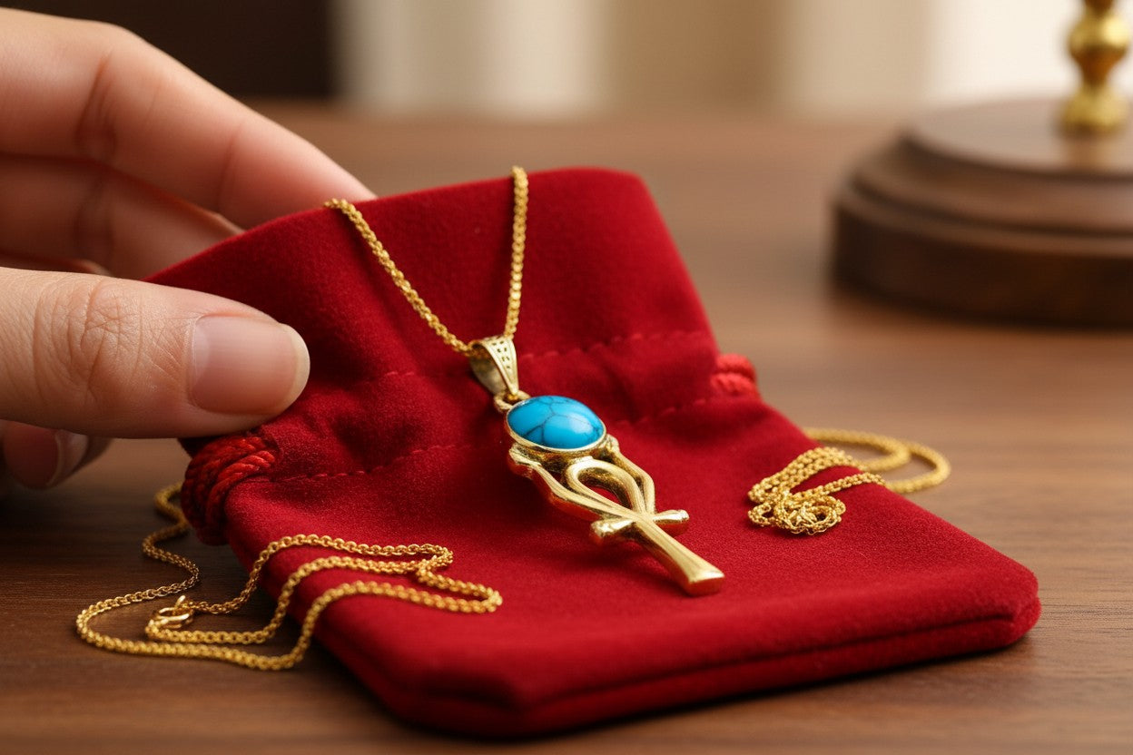 Gold Ankh Necklace, Ka Sun Disk Pendant, Ancient Egyptian Jewelry, Turquoise Talisman, Spiritual Gift For Her Him