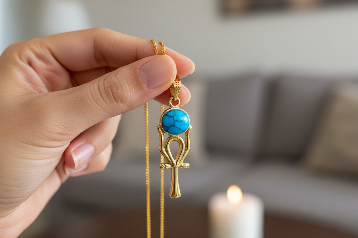 Gold Ankh Necklace, Ka Sun Disk Pendant, Ancient Egyptian Jewelry, Turquoise Talisman, Spiritual Gift For Her Him