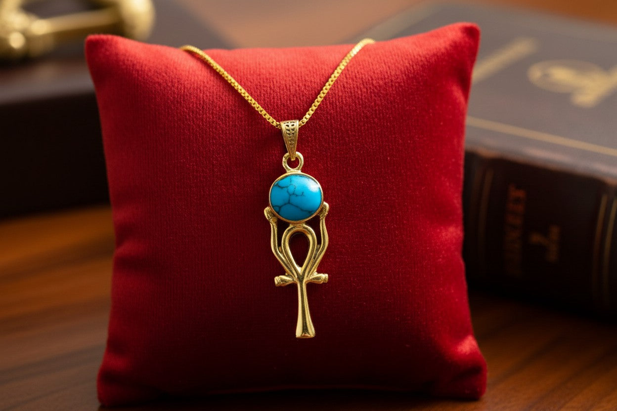 Gold Ankh Necklace, Ka Sun Disk Pendant, Ancient Egyptian Jewelry, Turquoise Talisman, Spiritual Gift For Her Him