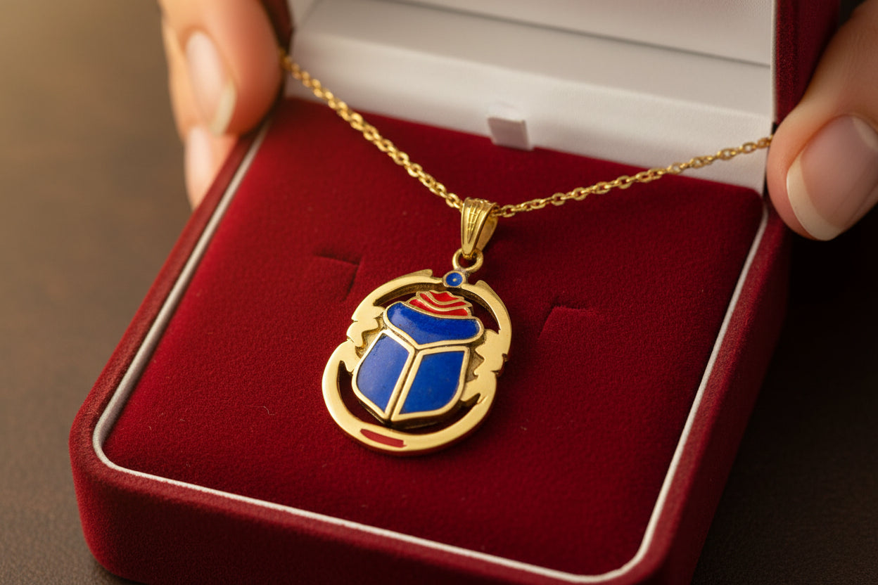 Gold Scarab Enamel Pendant Necklace, Egyptian Revival Jewelry Gift