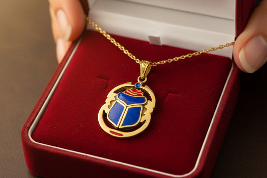 Gold Scarab Enamel Pendant Necklace, Egyptian Revival Jewelry Gift