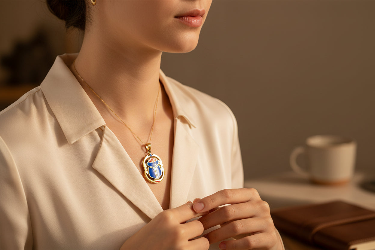 Gold Scarab Enamel Pendant Necklace, Egyptian Revival Jewelry Gift
