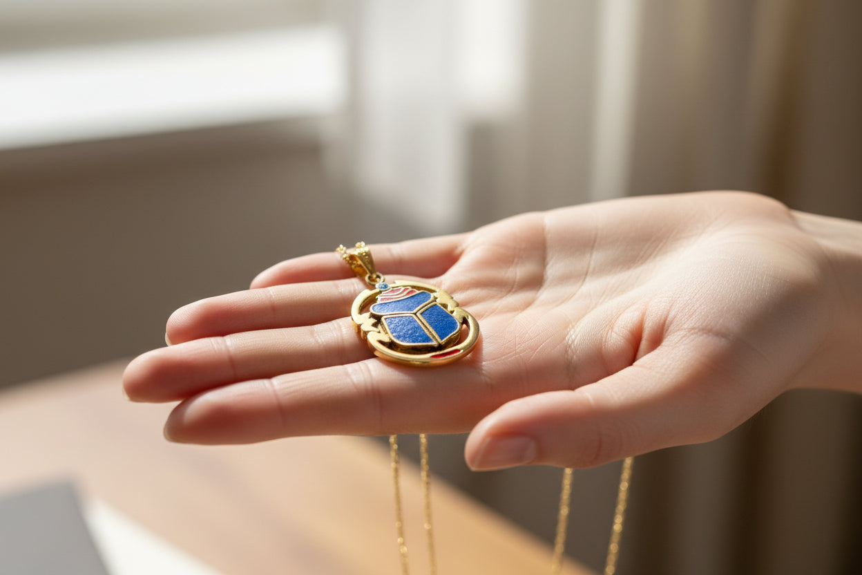Gold Scarab Enamel Pendant Necklace, Egyptian Revival Jewelry Gift