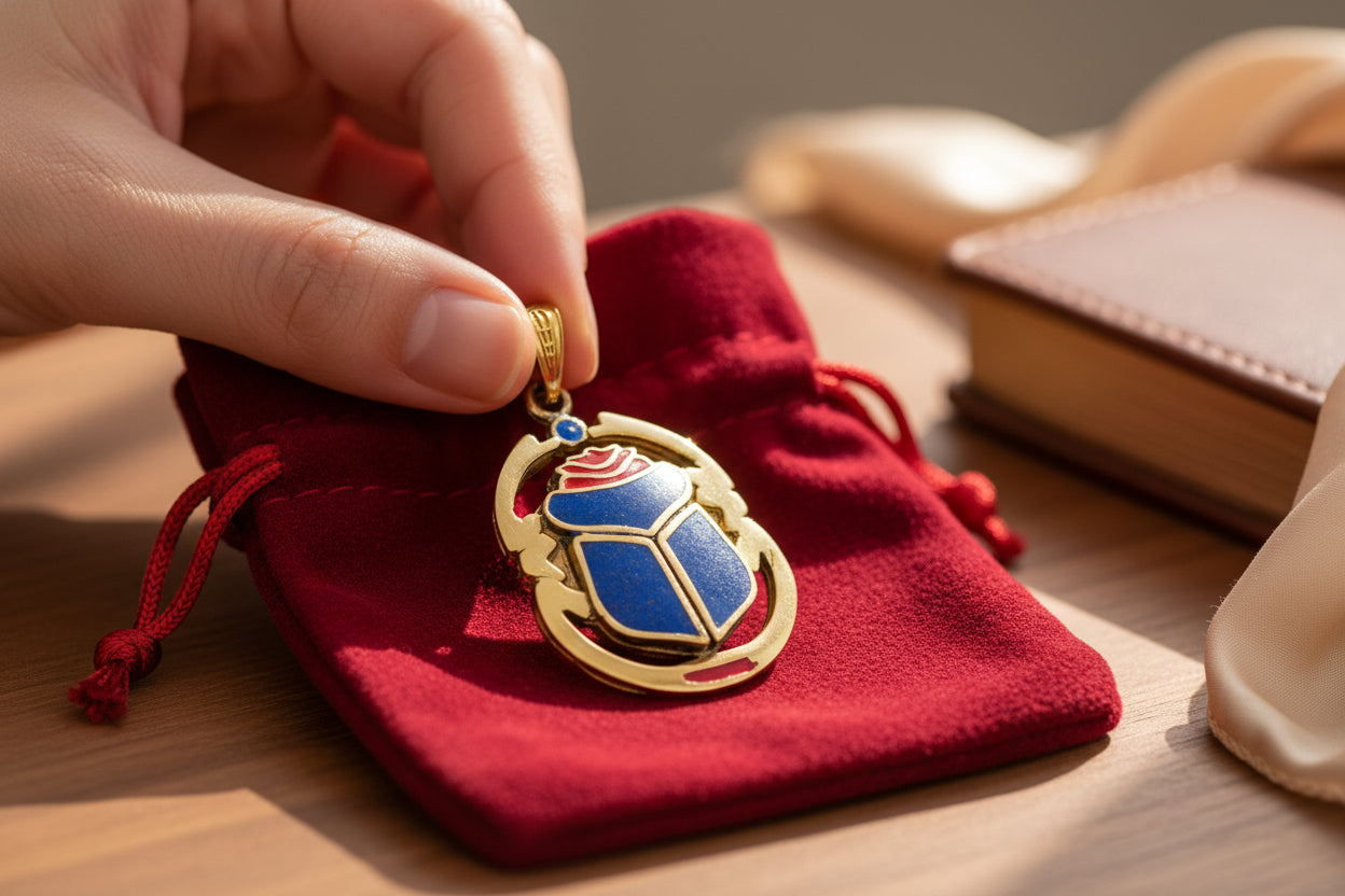 Gold Scarab Enamel Pendant Necklace, Egyptian Revival Jewelry Gift