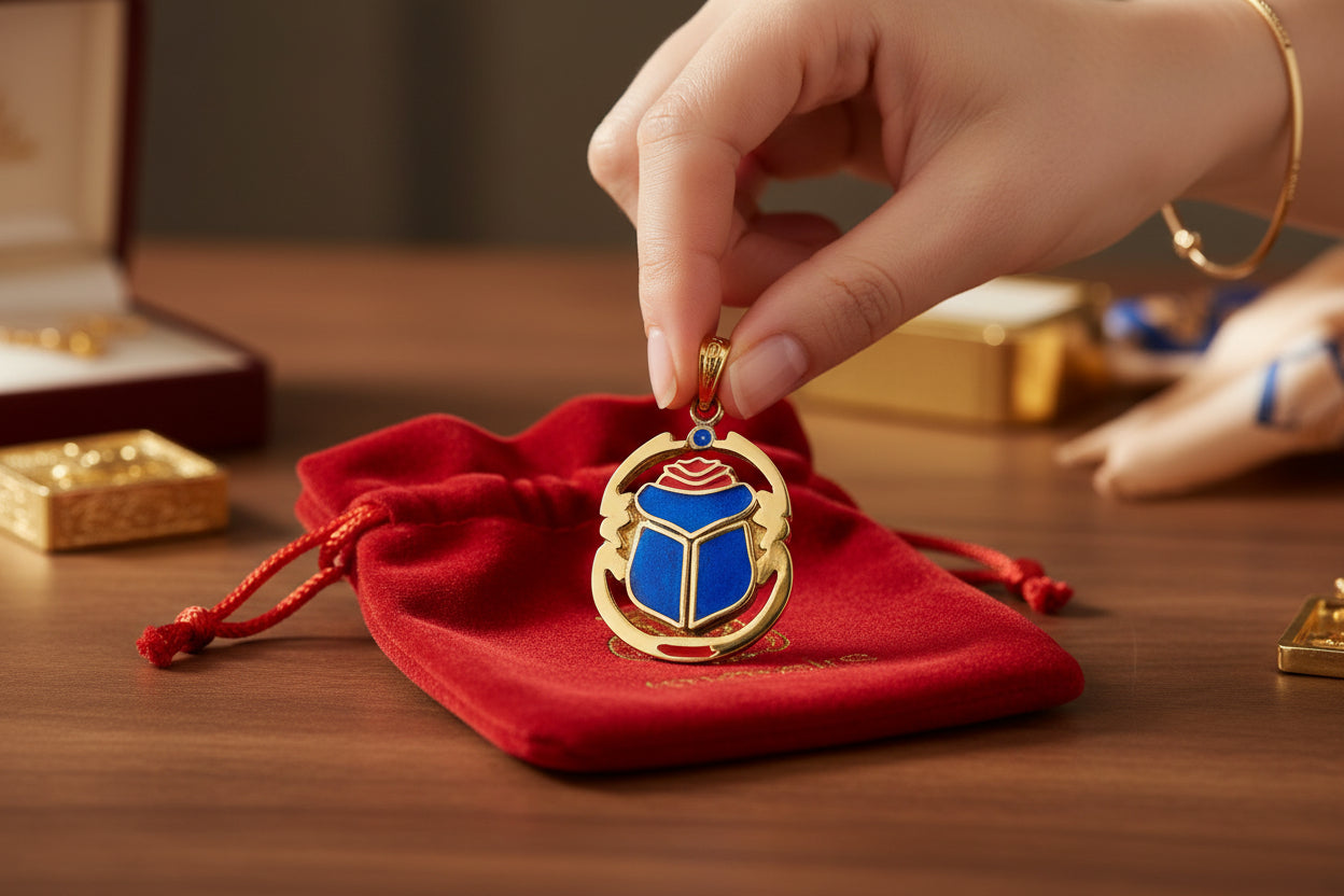 Gold Scarab Enamel Pendant Necklace, Egyptian Revival Jewelry Gift