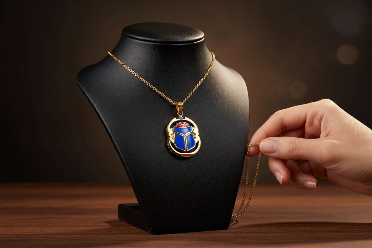 Gold Scarab Enamel Pendant Necklace, Egyptian Revival Jewelry Gift