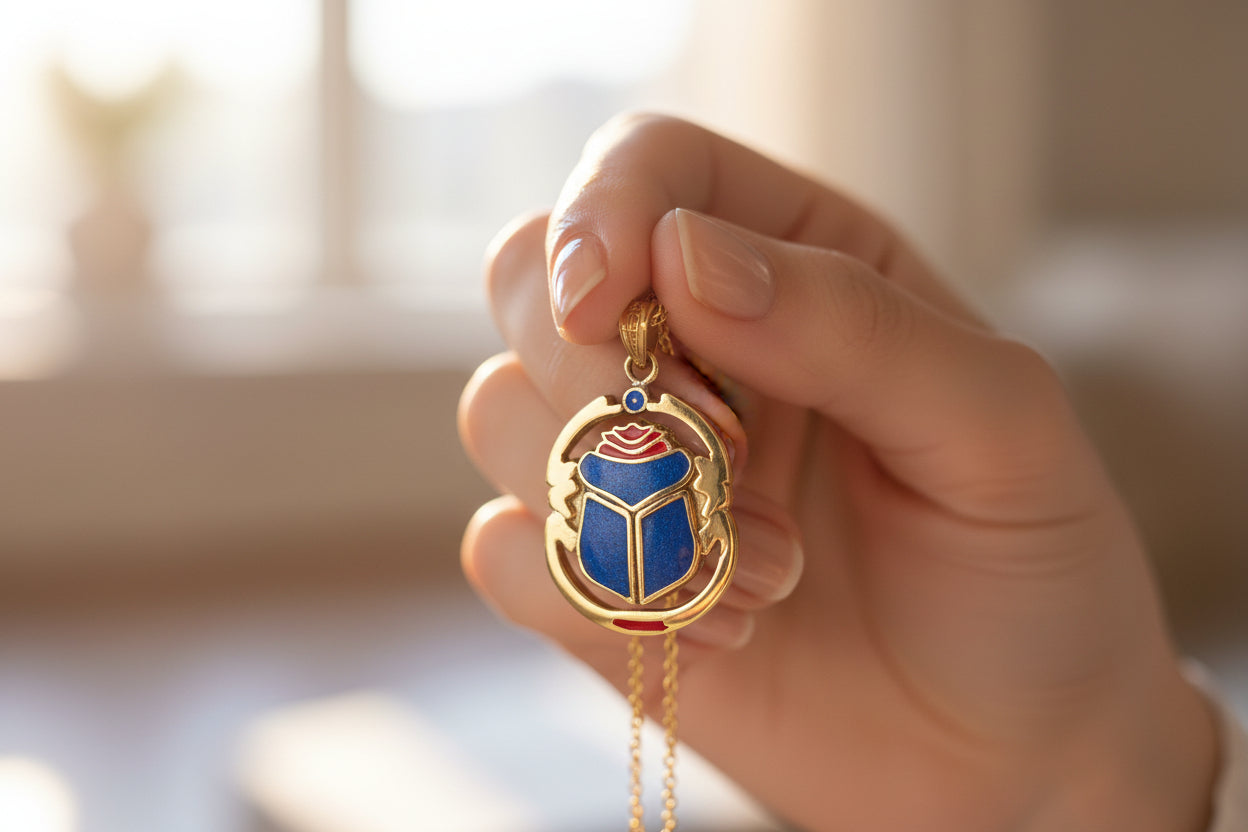 Gold Scarab Enamel Pendant Necklace, Egyptian Revival Jewelry Gift