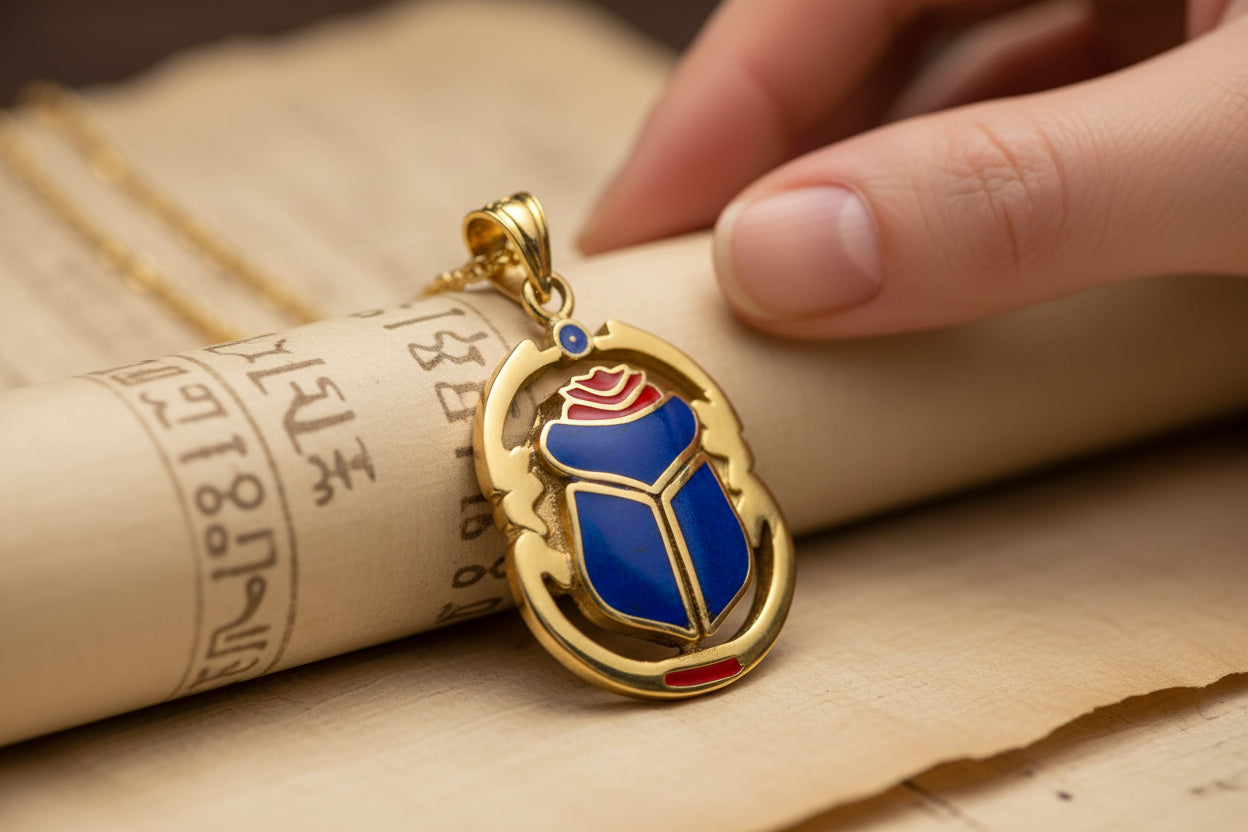Gold Scarab Enamel Pendant Necklace, Egyptian Revival Jewelry Gift