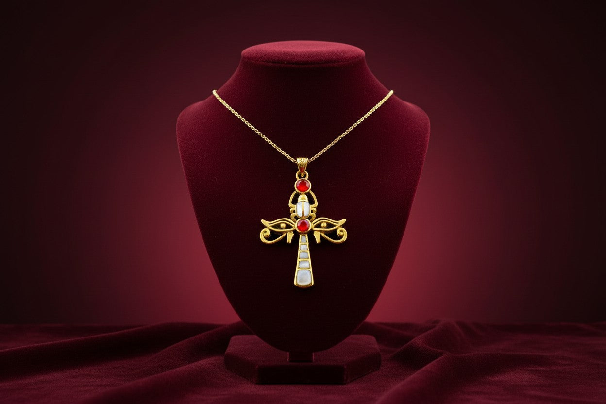 Gold Ankh Necklace, Egyptian Revival Scarab, Eye of Horus Gift Pendant
