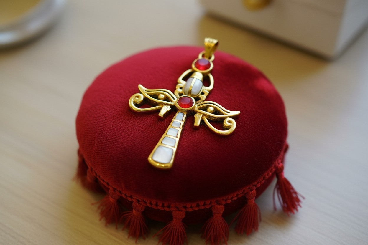 Gold Ankh Necklace, Egyptian Revival Scarab, Eye of Horus Gift Pendant