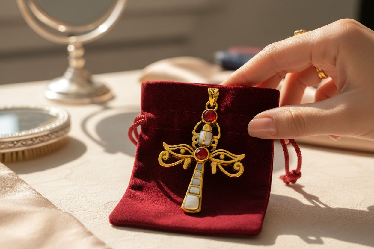 Gold Ankh Necklace, Egyptian Revival Scarab, Eye of Horus Gift Pendant