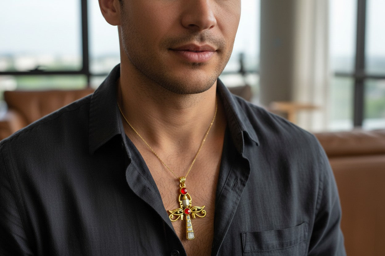 Gold Ankh Necklace, Egyptian Revival Scarab, Eye of Horus Gift Pendant