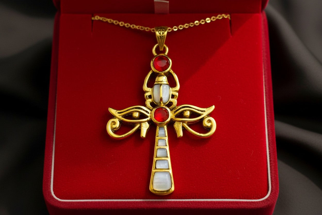 Gold Ankh Necklace, Egyptian Revival Scarab, Eye of Horus Gift Pendant