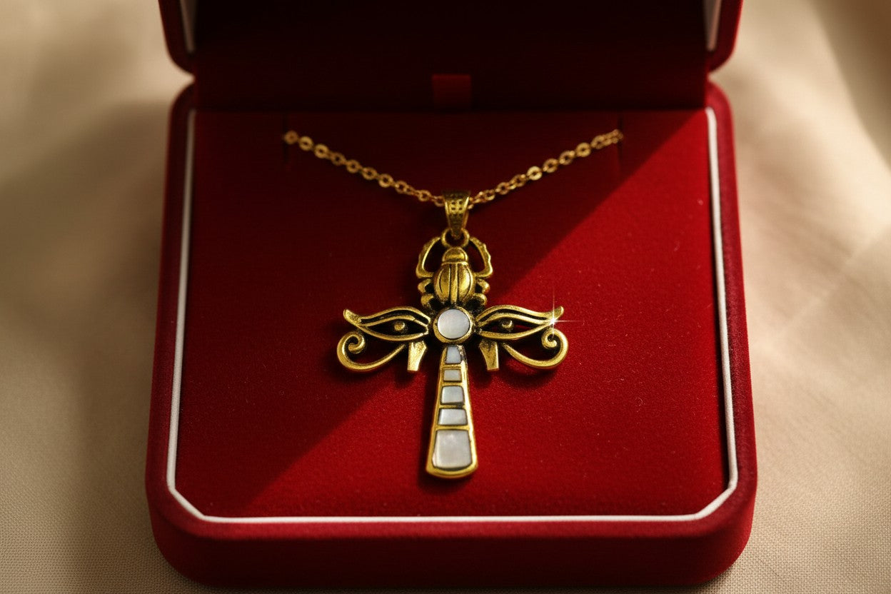 Gold & Mother of Pearl Egyptian Ankh Pendant with Eye of Horus and Scarab
