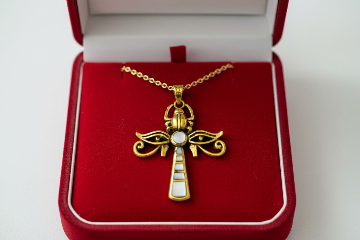 Gold & Mother of Pearl Egyptian Ankh Pendant with Eye of Horus and Scarab