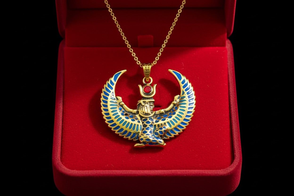 Large Gold Winged Goddess Isis Pendant Necklace, Winged Egyptian Goddess, Egyptian Jewelry, Divine Pendant, Gift for Men and Women