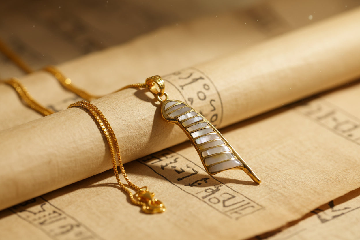 Gold Maat's Feather Pendant Necklace, Mother of Pearl Egyptian Jewelry