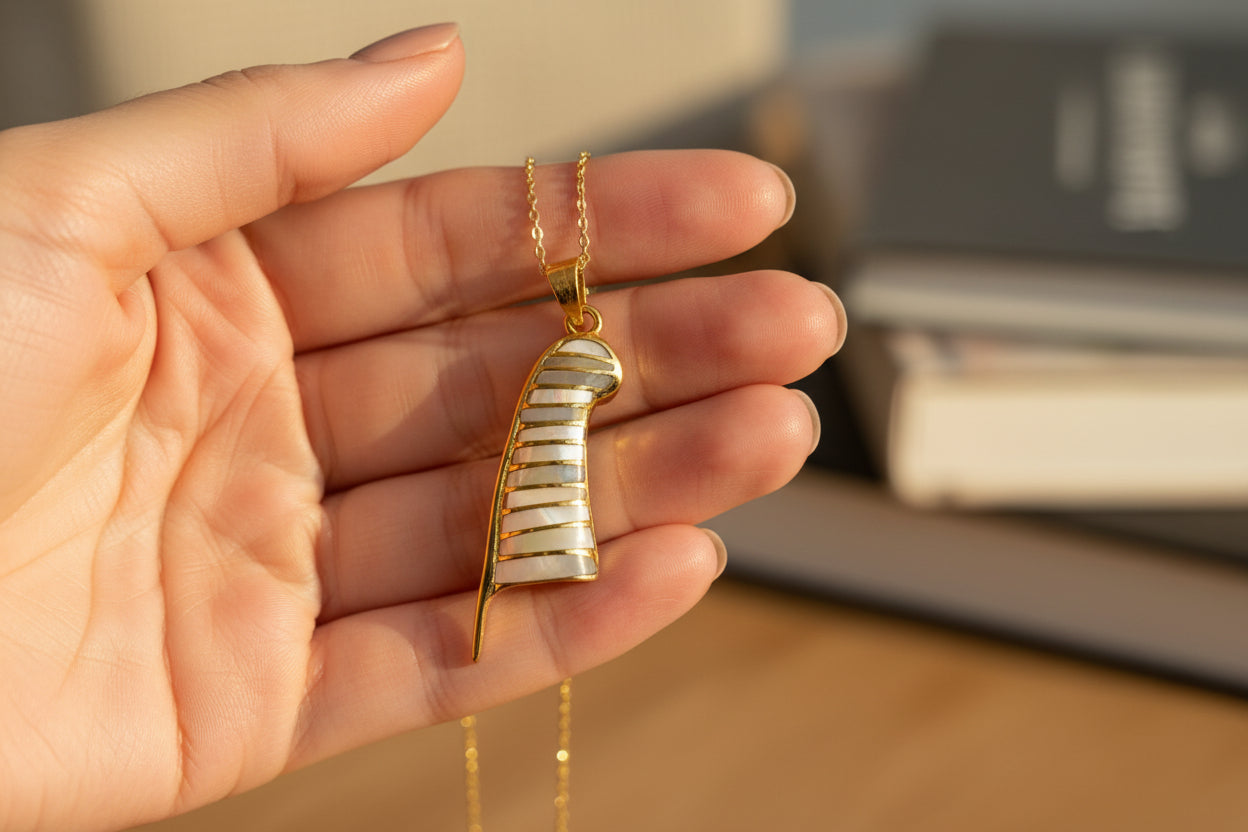 Gold Maat's Feather Pendant Necklace, Mother of Pearl Egyptian Jewelry