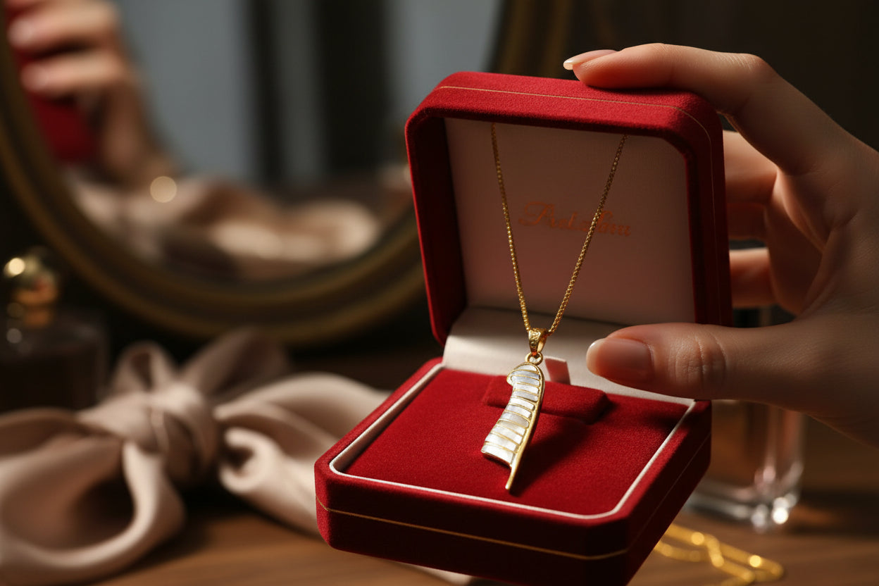 Gold Maat's Feather Pendant Necklace, Mother of Pearl Egyptian Jewelry