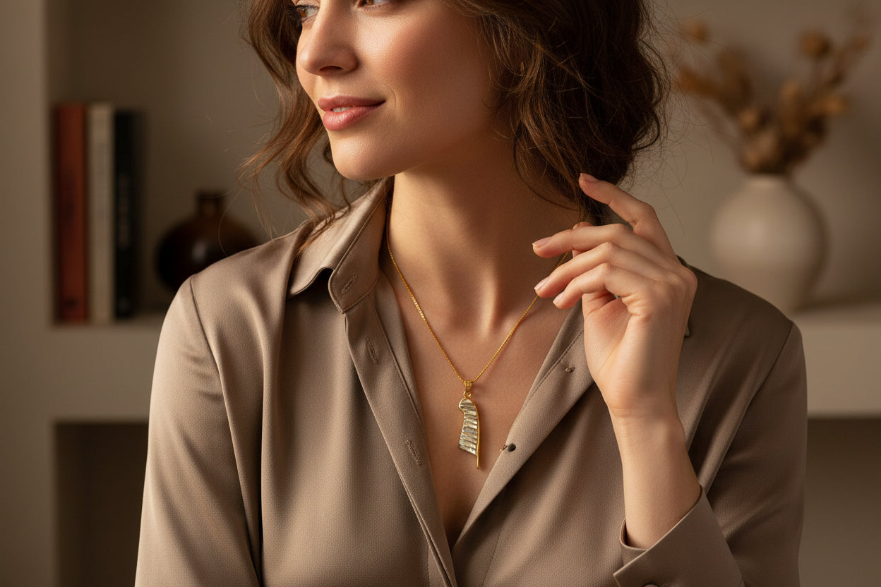 Gold Maat's Feather Pendant Necklace, Mother of Pearl Egyptian Jewelry