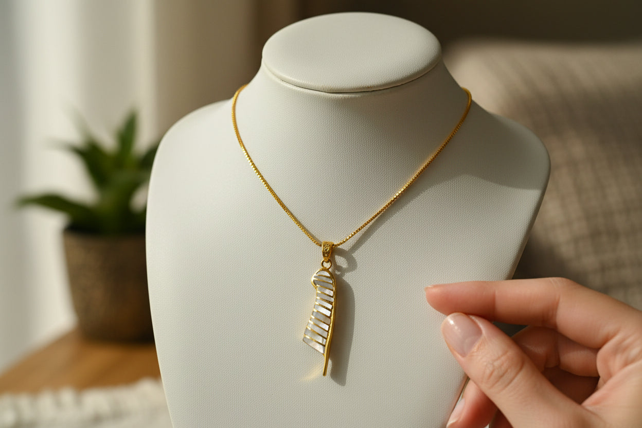 Gold Maat's Feather Pendant Necklace, Mother of Pearl Egyptian Jewelry
