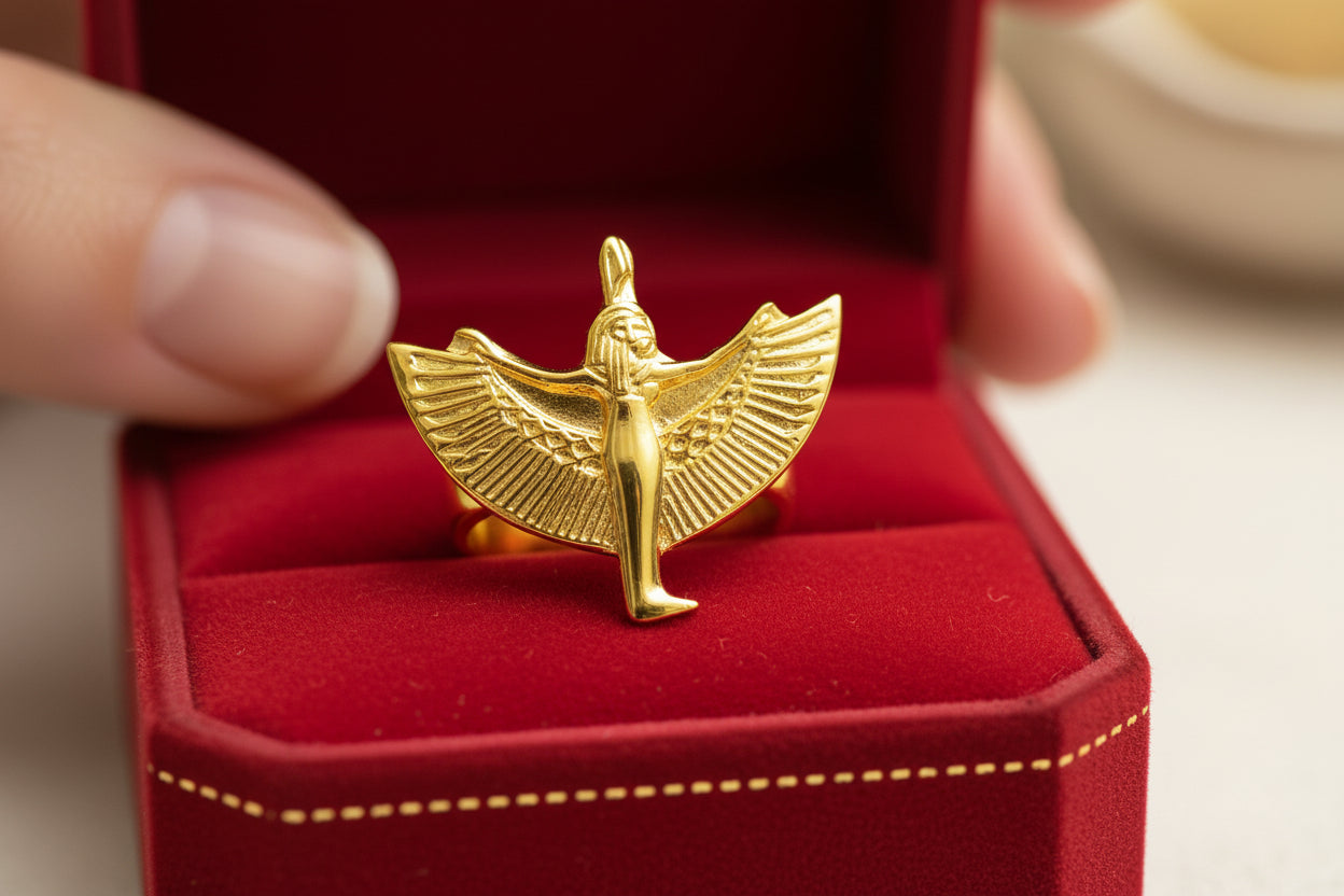 Gold Goddess Maat Ring, Egyptian Talisman, Adjustable Divine Ring