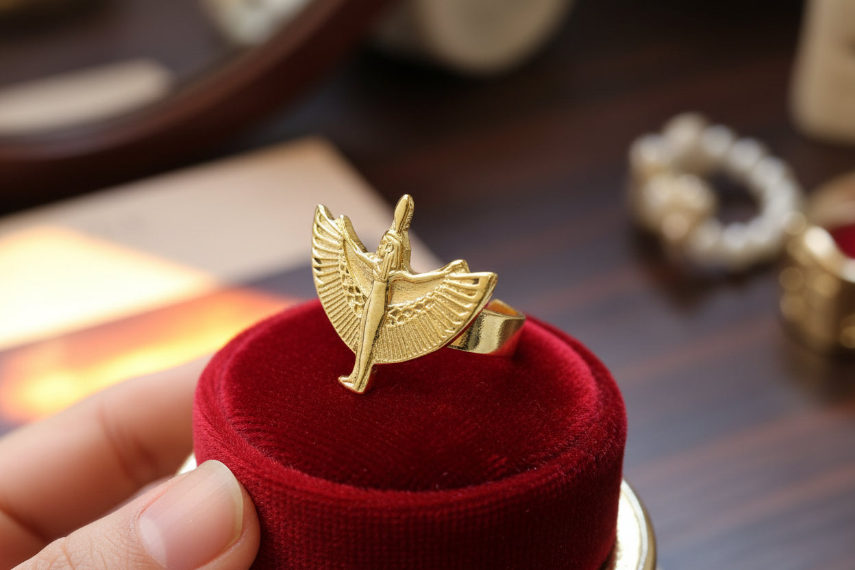 Gold Goddess Maat Ring, Egyptian Talisman, Adjustable Divine Ring