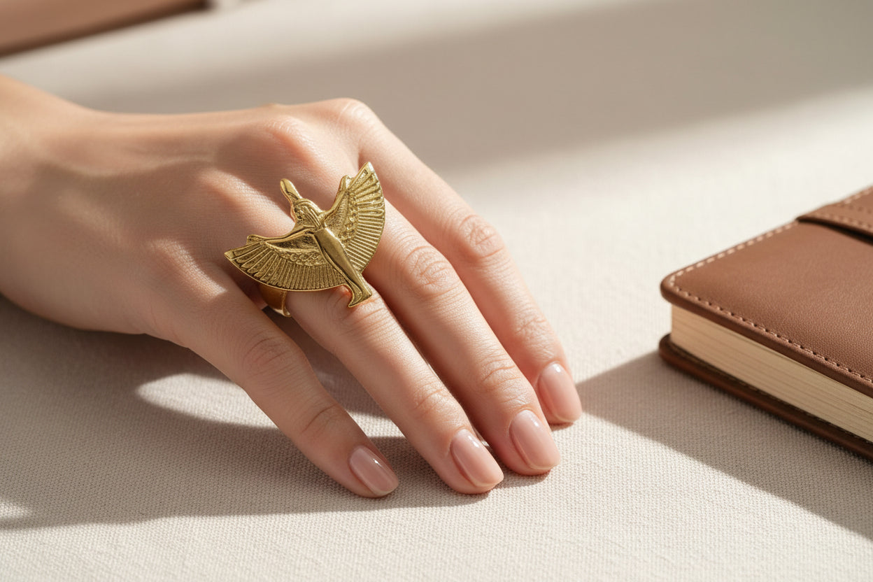 Gold Goddess Maat Ring, Egyptian Talisman, Adjustable Divine Ring