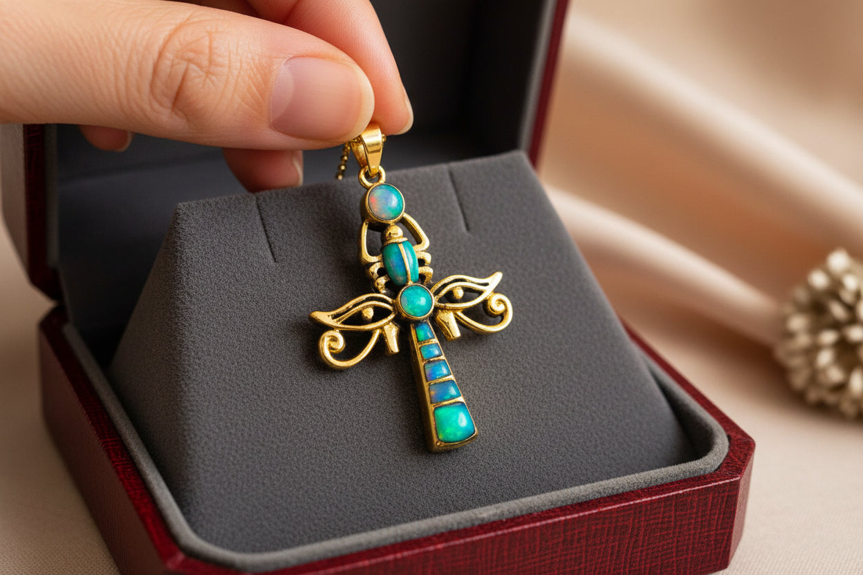 Gold Ankh Opal Pendant, Egyptian Talisman Necklace