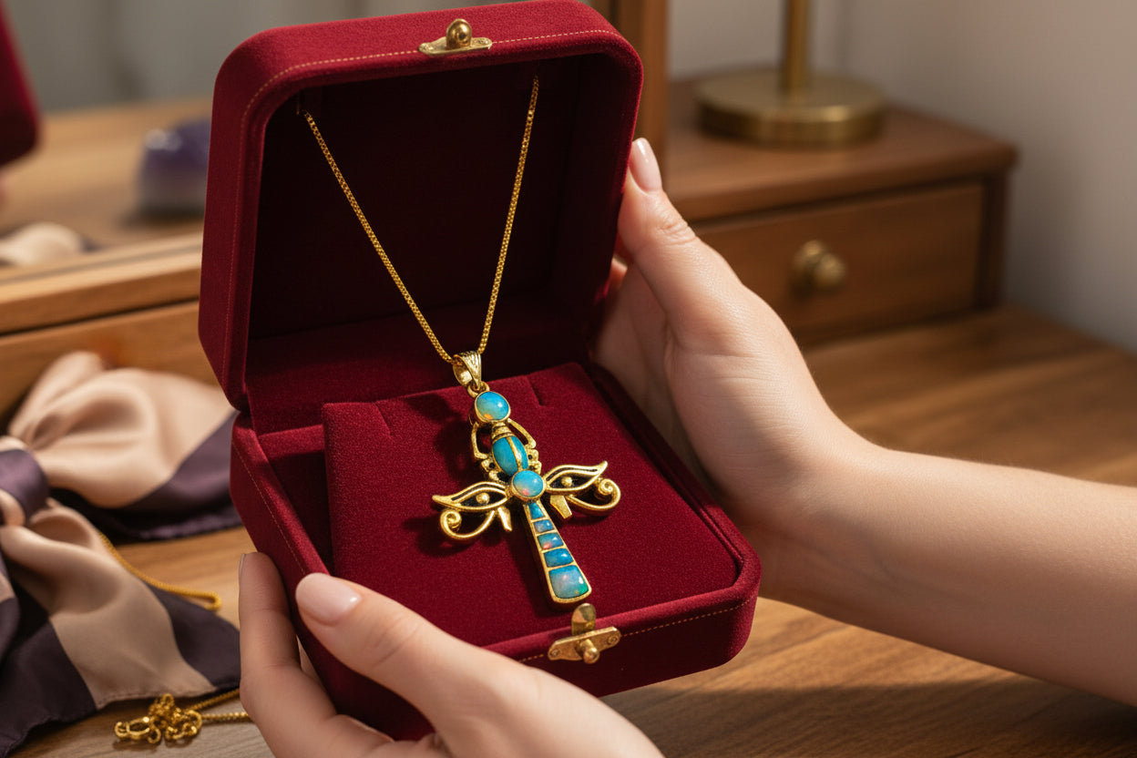 Gold Ankh Opal Pendant, Egyptian Talisman Necklace