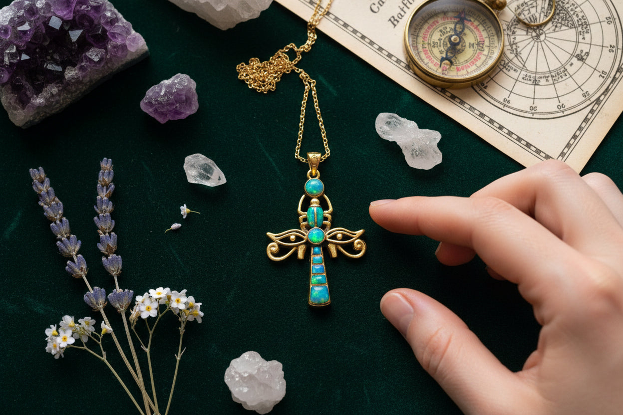 Gold Ankh Opal Pendant, Egyptian Talisman Necklace