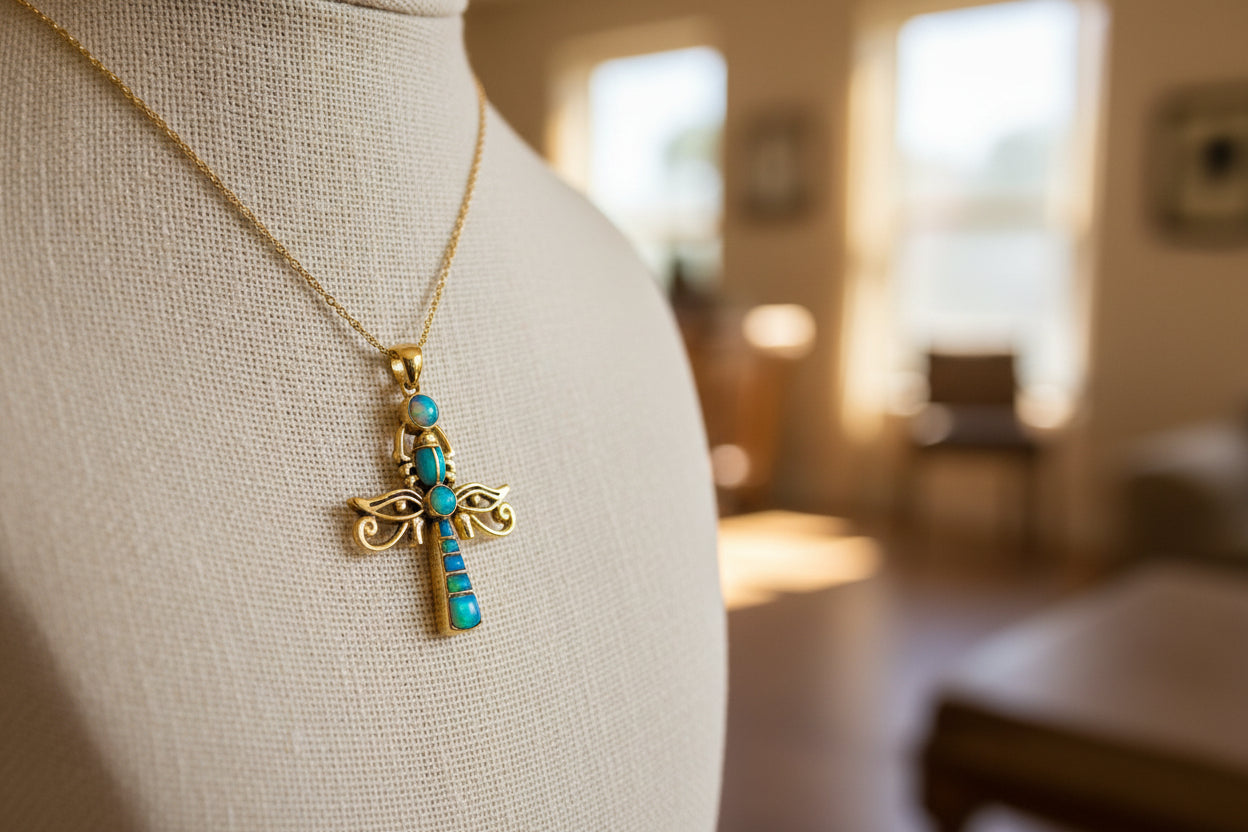 Gold Ankh Opal Pendant, Egyptian Talisman Necklace