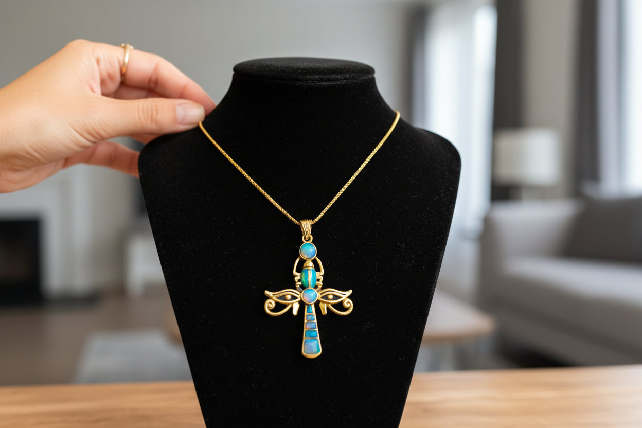 Gold Ankh Opal Pendant, Egyptian Talisman Necklace