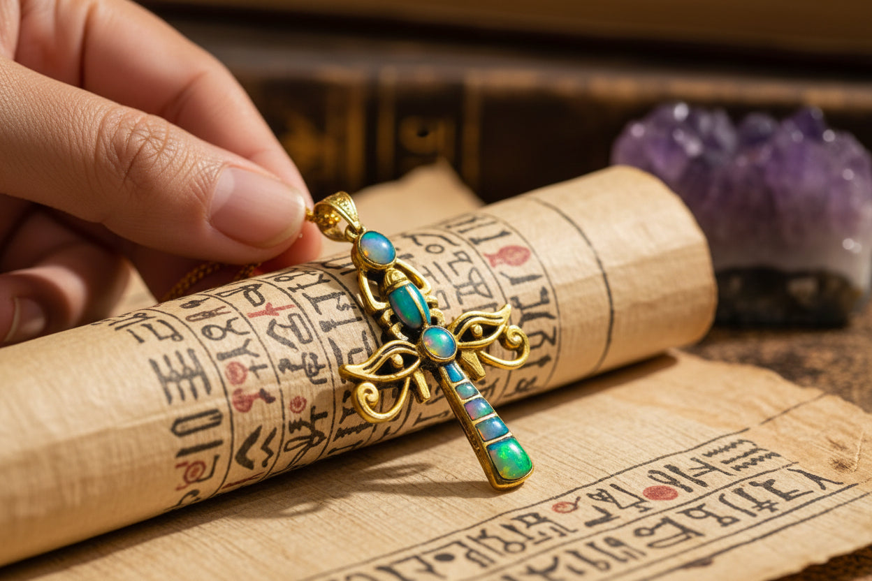 Gold Ankh Opal Pendant, Egyptian Talisman Necklace