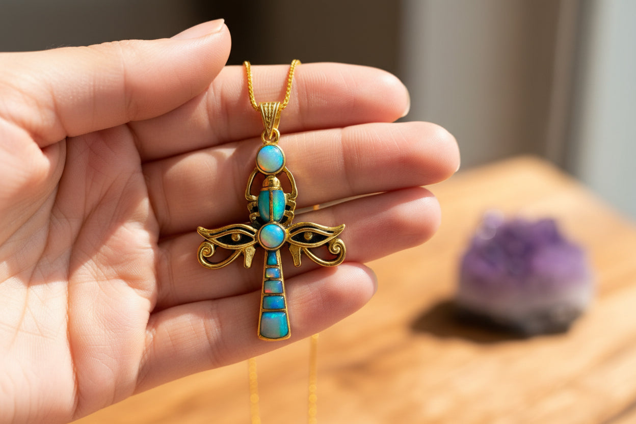 Gold Ankh Opal Pendant, Egyptian Talisman Necklace