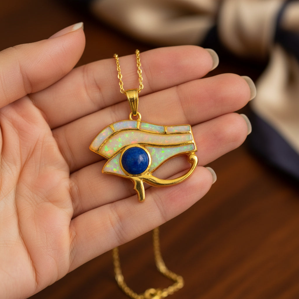 Gold Eye of Horus Opal Pendant, Handmade Egyptian Protection Necklace