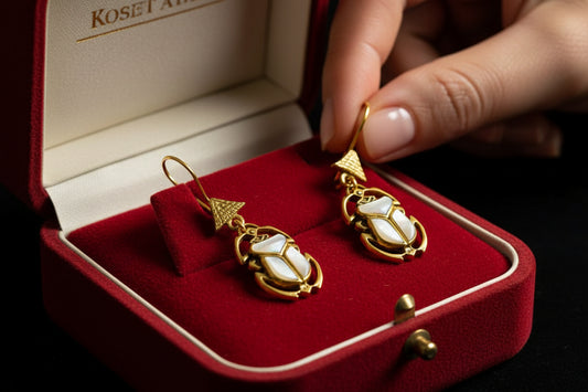 Gold Mother of Pearl Scarab Earrings, Egyptian Talisman Jewelry
