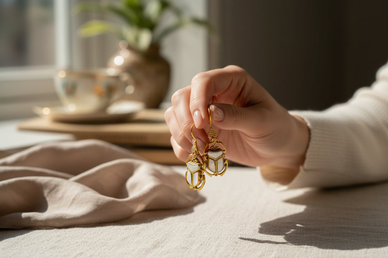 Gold Mother of Pearl Scarab Earrings, Egyptian Talisman Jewelry