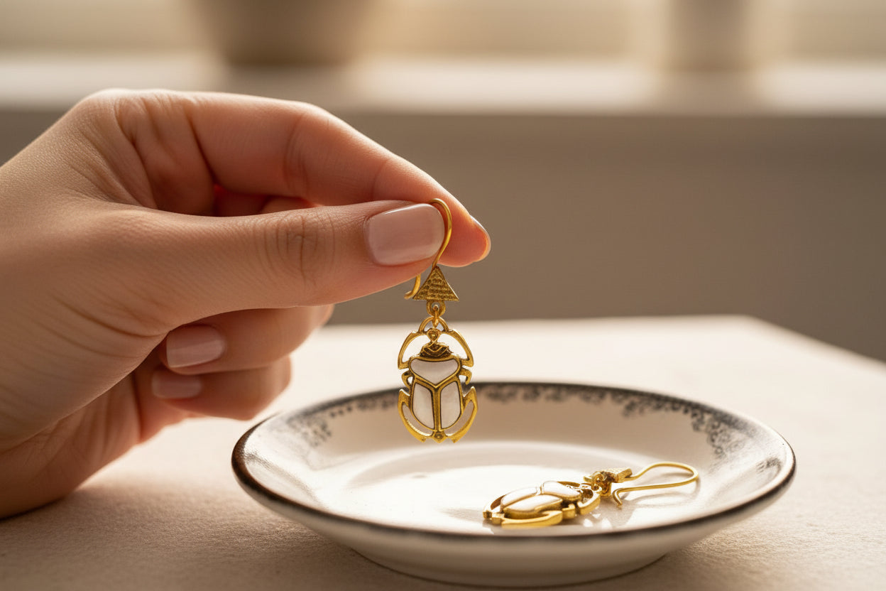 Gold Mother of Pearl Scarab Earrings, Egyptian Talisman Jewelry