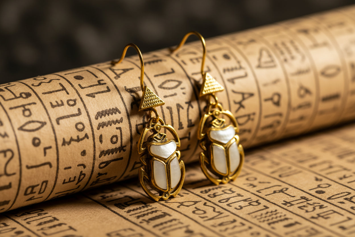 Gold Mother of Pearl Scarab Earrings, Egyptian Talisman Jewelry